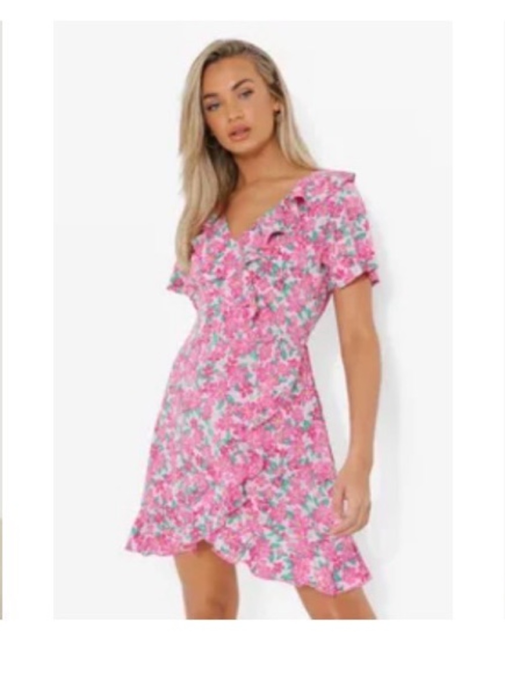Boohoo Pink Floral Ruffle V-Neck Mini Dress